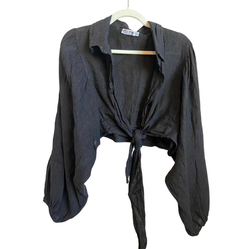 100% Lino Italy Black Linen Cropped Tie Front Balloon Sleeve Wrap Top